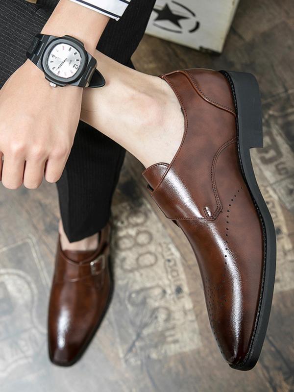 Men's Business Style Belted Design Square Toe Slip-on Flat Shoes, Fashionable Solid Color Dress Shoes for Work Office, Male All-match Shoes for Daily Wear