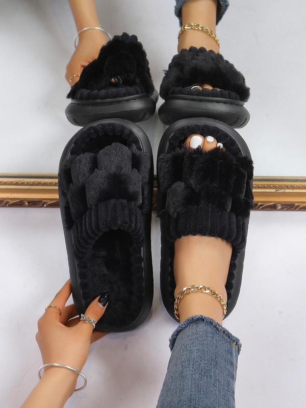 Women's Solid Color Fluffy Plush Slippers, Casual Soft Comfortable Home Slippers, Warm House Slippers for Indoor & Outdoor Use for Fall & Winter