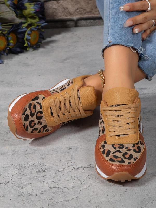 Women's 2024 Trendy Summer Fashion Leopard Pattern Casual Sneakers, Lace Up Front Low Top Summer Sneakers, Casual Comfortable Sports Shoes for Daily Wear, Patched Design Ventilate Walking Shoes, Footwear