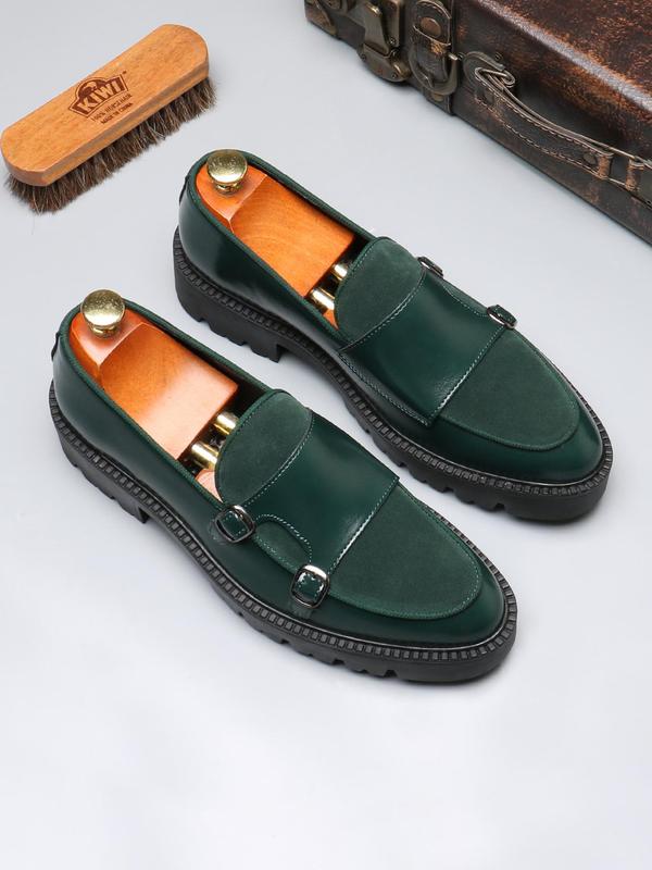 Men's Fashionable Patchwork Design Double Buckle Design Loafers, Casual Comfortable Solid Color Slip on Shoes for Daily Wear, Male All-match Round Toe Shoes for Daily Wear