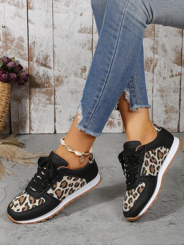 Women's 2024 Trendy Summer Fashion Leopard Pattern Casual Sneakers, Lace Up Front Low Top Summer Sneakers, Casual Comfortable Sports Shoes for Daily Wear, Patched Design Ventilate Walking Shoes, Footwear