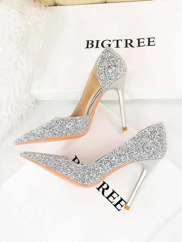 Women's Glitter Pointed Toe High Heel Shoes, Pu Leather Slip on Heels for Party Wedding Evening, Fashionable Heels for Women