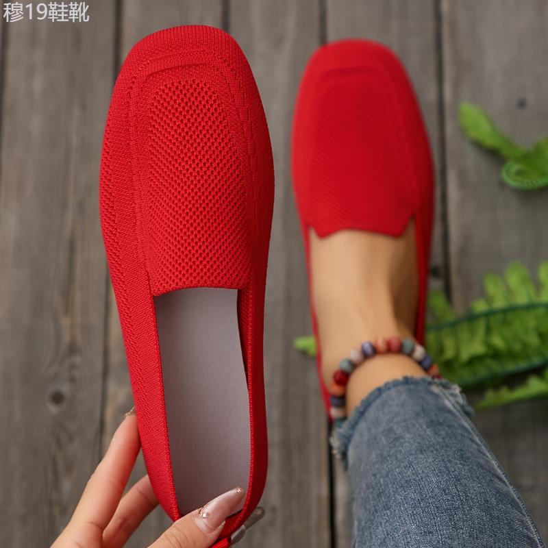 Womens Ultra-Comfortable Knitted Flats - Fashionable Solid Colors, Trendy Square Toe Slip-Ons - Perfect for Casual Everyday Strolls Footwear Shoe