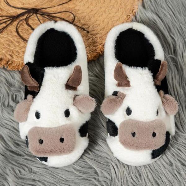 Cow Patterned Flannel Fuzzy Slippers - Ultra Soft, Anti-Slip, Comfortable, Cartoon Design, Plush Home Shoes with Rubber Sole for Indoor Use - All-Season, Casual, Slip-on Style Girl Women Walking Shoes Footwear Flipflop Slide