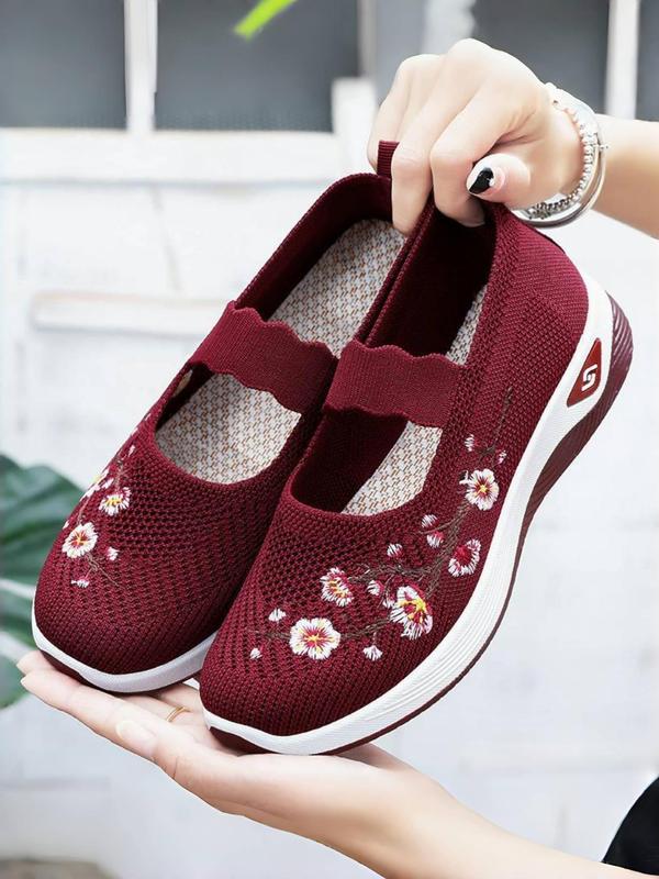 Women's Floral Embroidered Slip on Mesh Breathable Lightweight Round Toe Shoes, Casual Comfortable Soft Sole Walking Shoes, All-match Commuter Shoes for Work & Daily Wear