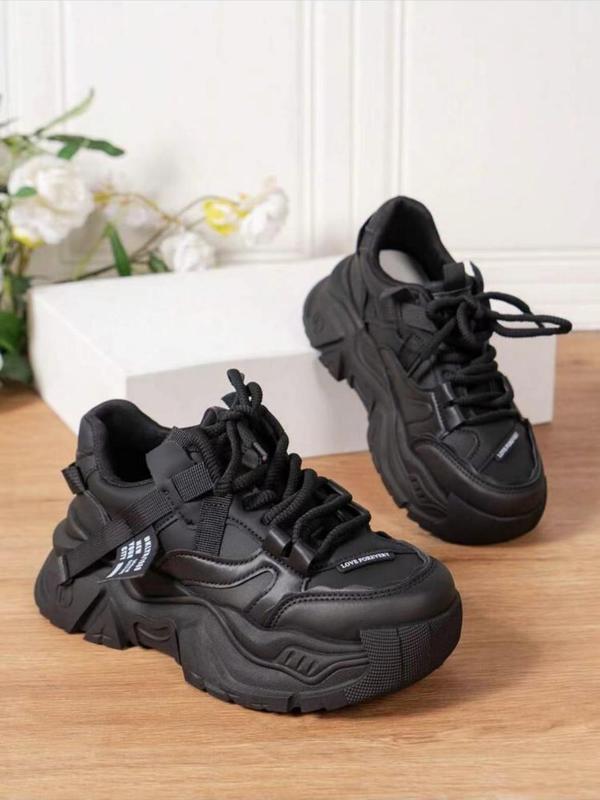 Women's Fashionable Textured Design Lace Up Platform Sneakers, Casual Comfortable Breathable Sports Shoes, Female All-match Round Toe Chunky Sneakers for Daily Life