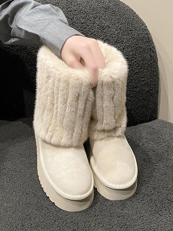 Women's Solid Color Fluffy Plush Snow Boots, Casual Warm Thick Sole Platform Ankle Boots for Daily Wear, Comfortable Shoes for Women & Girls