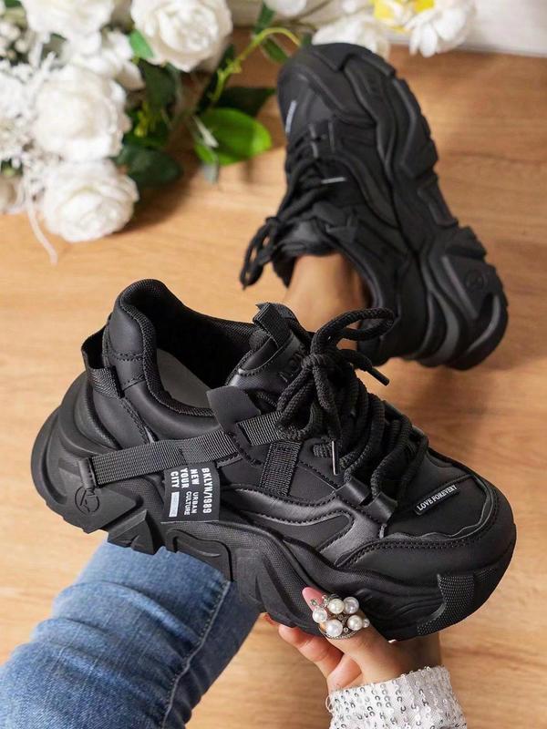 Women's Fashionable Textured Design Lace Up Platform Sneakers, Casual Comfortable Breathable Sports Shoes, Female All-match Round Toe Chunky Sneakers for Daily Life