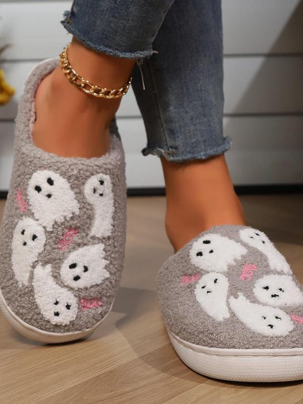 Women's Halloween Themed Ghost Pattern Fluffy Slippers for Gift, Thick Sole Plush House Slippers for Women, Casual Soft Comfortable Home Slippers, Warm Shoe for Indoor & Outdoor Use for Fall & Winter, Birthday Gifts