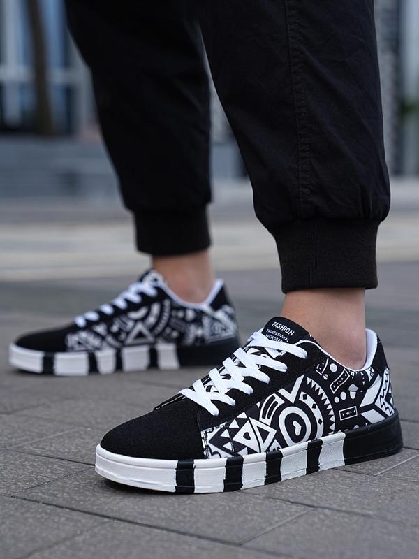 Men's Fashionable Geometric Pattern Lace Up Low Top Sneakers, Casual Comfortable Sports Running Shoes, Male All-match Round Toe Shoes for Daily Wear