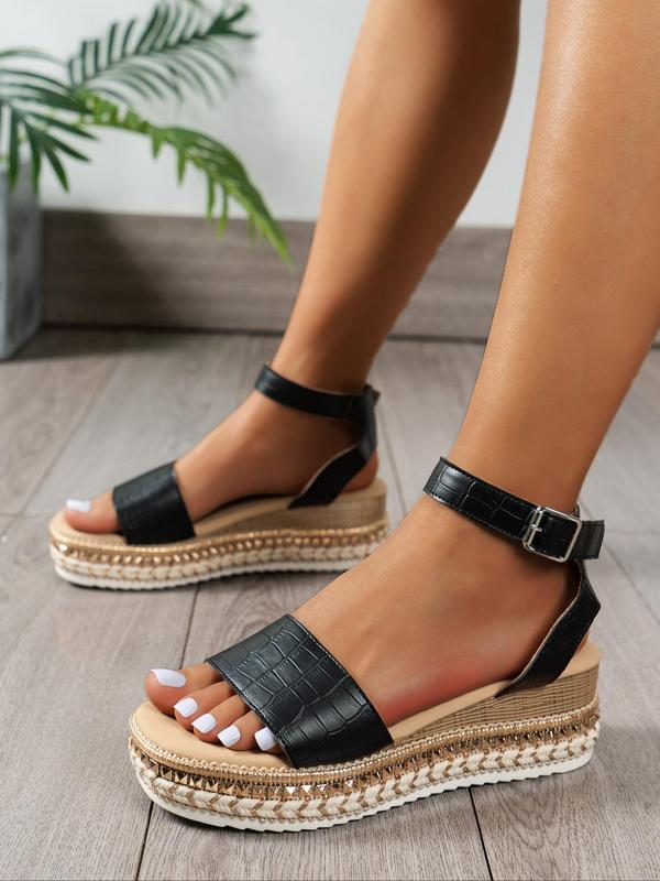 Women's Solid Color Buckle Decorated Wedge Sandals, Geometric Embossed Flatform Sandals, Casual Summer Outfits 2024 Wedge Sandals for Summer, Daily Wear