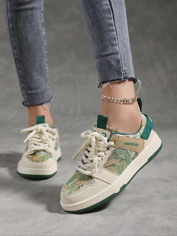 Women's 1 Pair Fashionable Letter Print Patchwork Design Low Top Sneakers, Casual Comfortable Lace up Skateboarding Shoes for Daily Wear