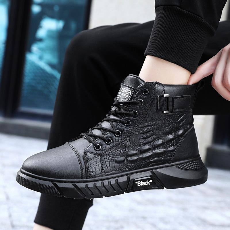 New Men's High-Top Fashion Waterproof Platform Ankle Boots Plush Work Boots Leather Boots