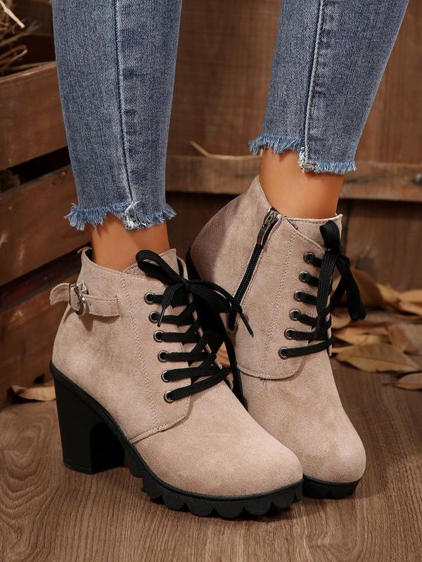 Women's Fashionable Solid Color Block Heel Ankle Boots, Casual Comfortable Round Toe Booties for Daily Wear, Female All-match Trend Shoes for Fall & Winter