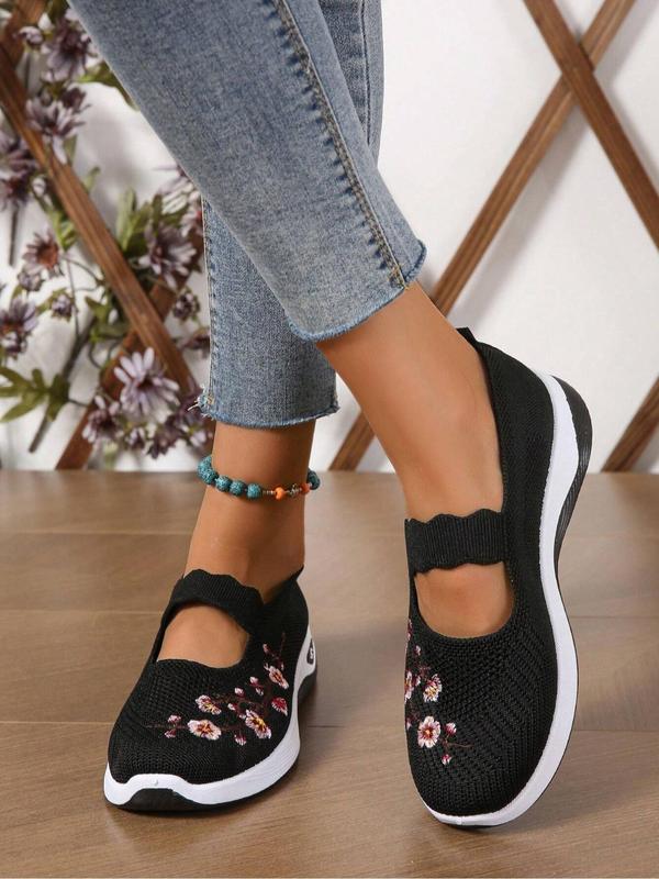 Women's Floral Embroidered Slip on Mesh Breathable Lightweight Round Toe Shoes, Casual Comfortable Soft Sole Walking Shoes, All-match Commuter Shoes for Work & Daily Wear