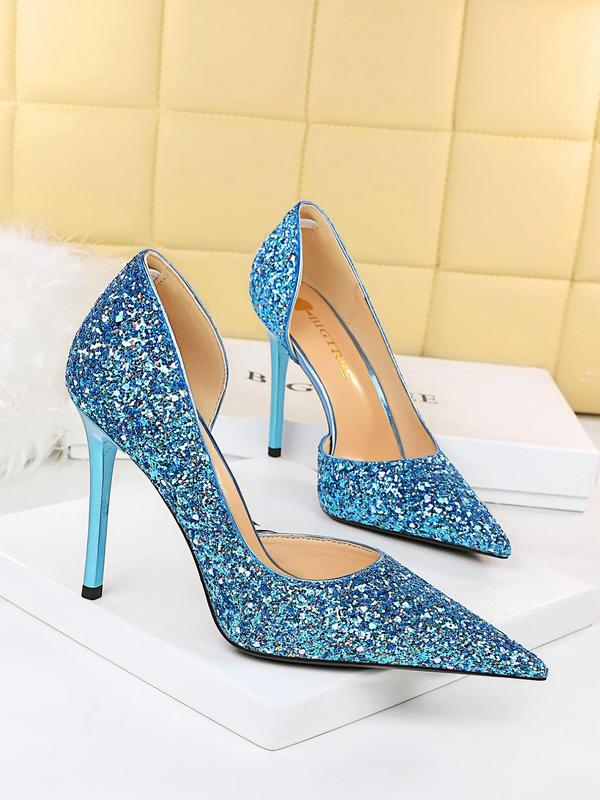 Women's Glitter Pointed Toe High Heel Shoes, Pu Leather Slip on Heels for Party Wedding Evening, Fashionable Heels for Women