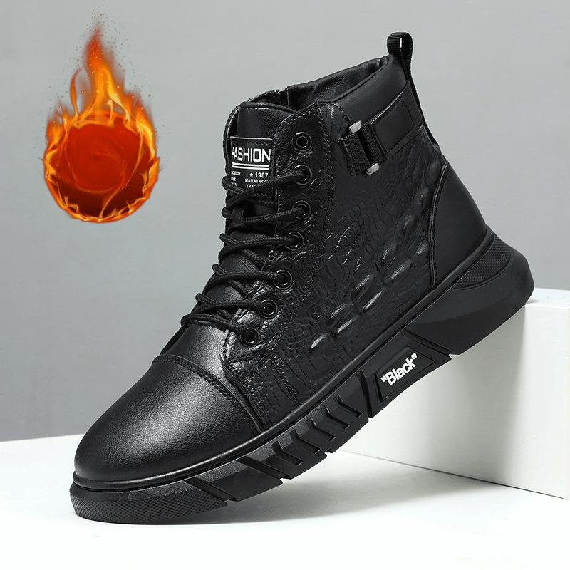 New Men's High-Top Fashion Waterproof Platform Ankle Boots Plush Work Boots Leather Boots