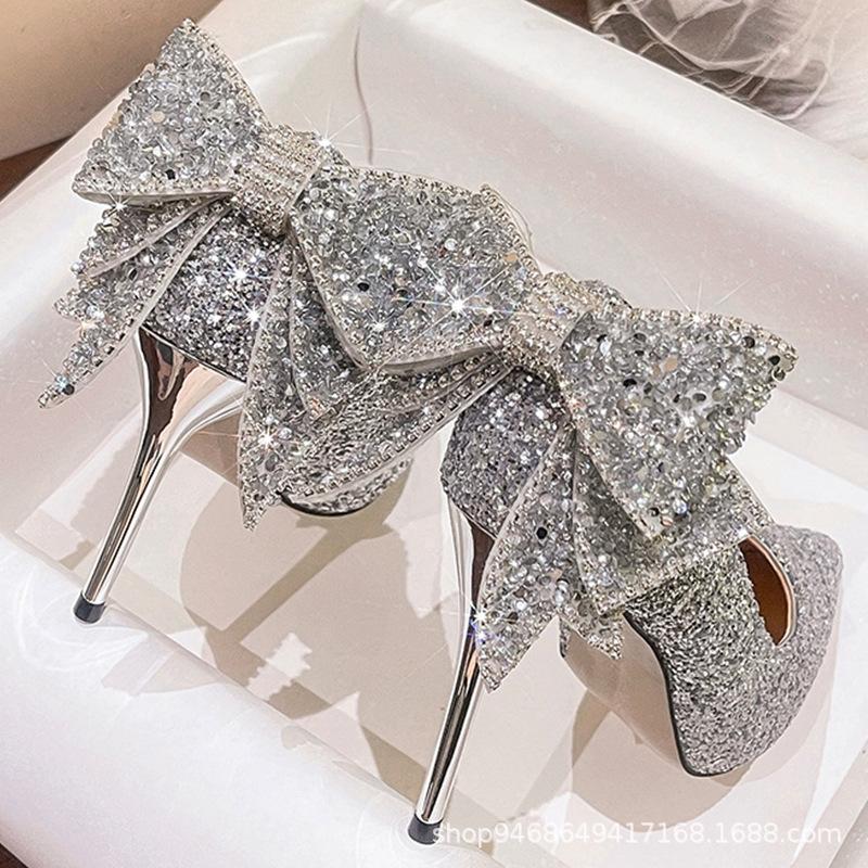 Silver Fairy Bright Crystal Adult 18-Year-Old Birthday Gift Bow Bride Main Yarn Wedding Shoes High Heels