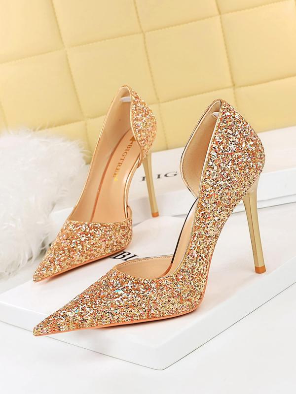 Women's Glitter Pointed Toe High Heel Shoes, Pu Leather Slip on Heels for Party Wedding Evening, Fashionable Heels for Women