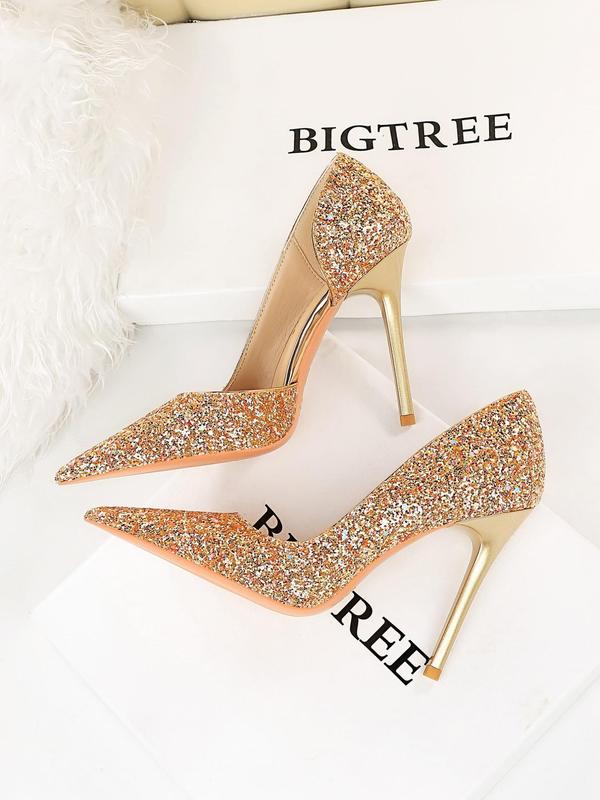 Women's Glitter Pointed Toe High Heel Shoes, Pu Leather Slip on Heels for Party Wedding Evening, Fashionable Heels for Women