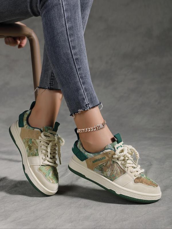 Women's 1 Pair Fashionable Letter Print Patchwork Design Low Top Sneakers, Casual Comfortable Lace up Skateboarding Shoes for Daily Wear