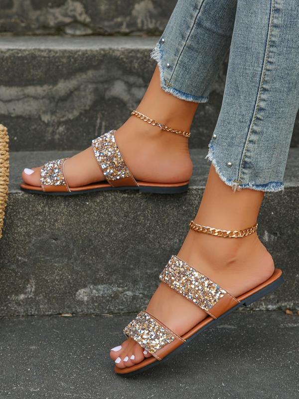 Women's Fashionable Sequins Decorated Flat Sandals, Casual Glittering Round Toe Slip on Sandals for Summer, Lightweight Breathable Comfortable Shoes for Daily Wear