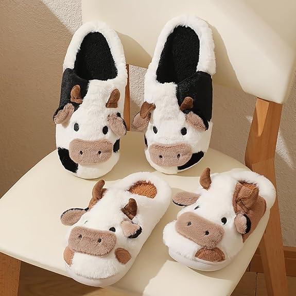 Cow Patterned Flannel Fuzzy Slippers - Ultra Soft, Anti-Slip, Comfortable, Cartoon Design, Plush Home Shoes with Rubber Sole for Indoor Use - All-Season, Casual, Slip-on Style Girl Women Walking Shoes Footwear Flipflop Slide