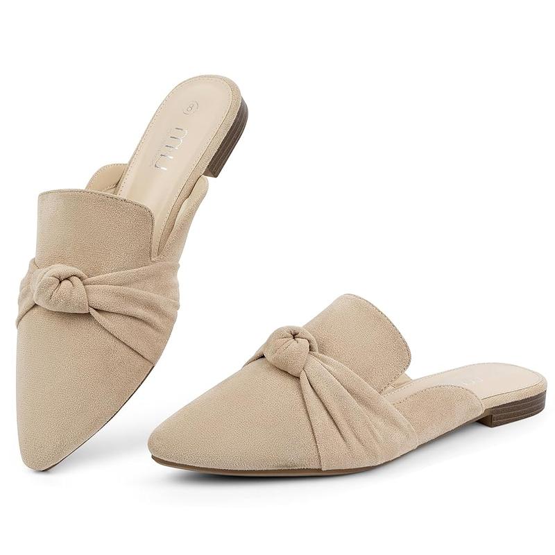 MUSSHOE Mules for Women Flats Comfortable Pointed Toe Slip on Women Beige Mules Flats