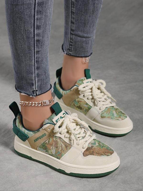 Women's 1 Pair Fashionable Letter Print Patchwork Design Low Top Sneakers, Casual Comfortable Lace up Skateboarding Shoes for Daily Wear