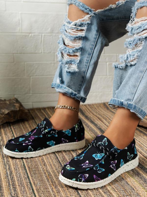 Women's Fashion Butterfly Print Slip on Low Top Sneakers, 1 Pair Casual Comfortable Sports Shoes for Daily Wear, Trendy Floral Print Slip on Flat Shoes