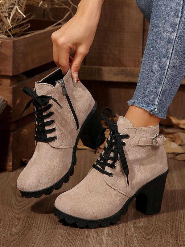 Women's Fashionable Solid Color Block Heel Ankle Boots, Casual Comfortable Round Toe Booties for Daily Wear, Female All-match Trend Shoes for Fall & Winter