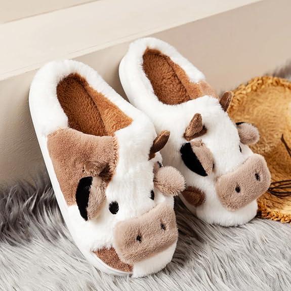 Cow Patterned Flannel Fuzzy Slippers - Ultra Soft, Anti-Slip, Comfortable, Cartoon Design, Plush Home Shoes with Rubber Sole for Indoor Use - All-Season, Casual, Slip-on Style Girl Women Walking Shoes Footwear Flipflop Slide