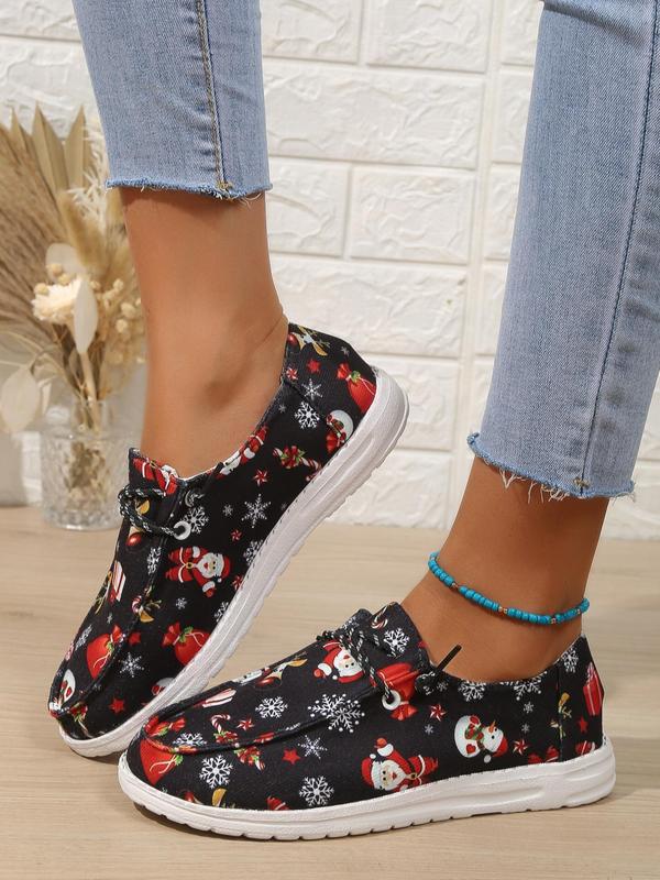 Women's Christmas Print Lace Up Low Top Sneakers, Casual Comfortable Round Toe Shoes for Daily Wear, Female All-match Shoes for Fall & Winter