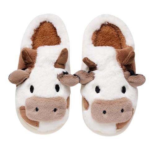 Cow Patterned Flannel Fuzzy Slippers - Ultra Soft, Anti-Slip, Comfortable, Cartoon Design, Plush Home Shoes with Rubber Sole for Indoor Use - All-Season, Casual, Slip-on Style Girl Women Walking Shoes Footwear Flipflop Slide