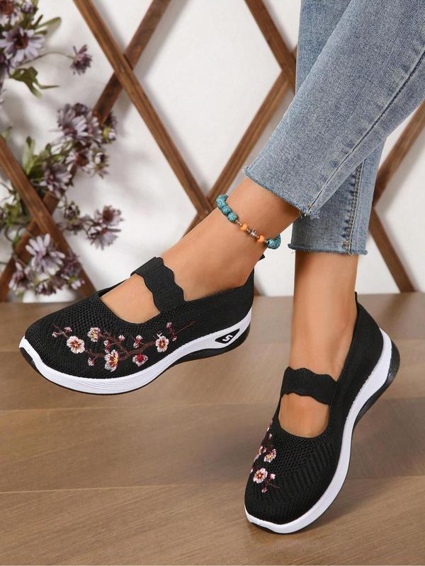 Women's Floral Embroidered Slip on Mesh Breathable Lightweight Round Toe Shoes, Casual Comfortable Soft Sole Walking Shoes, All-match Commuter Shoes for Work & Daily Wear