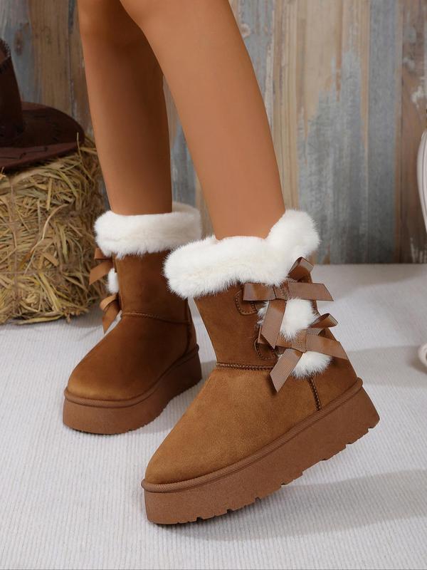 Women's Solid Color Bow Decorated Snow Boots, Casual Thick Bottom Warm Boots for Fall & Winter, Female All-match Round Toe Shoes for Daily Wear