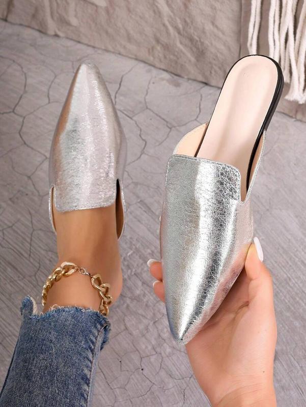 Women's Bright Diamond Hot Diamond Pointed Toe Retro  Fashion Mule Shoes Women's Shiny Flat Shoes Green All-Season Slippers