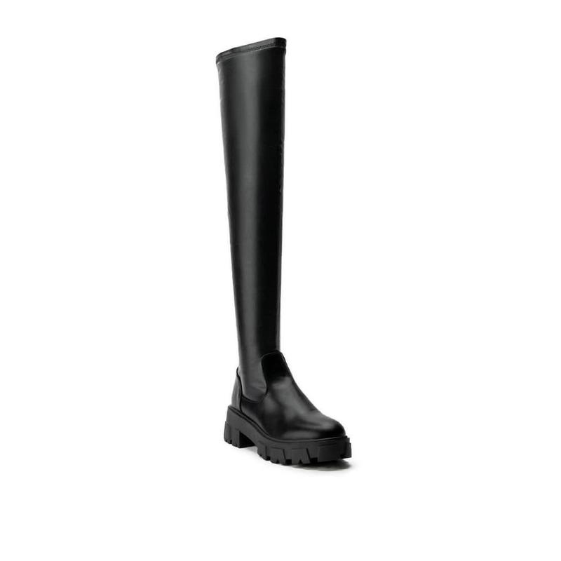 AZALEA WANG LATE NIGHTS OVER THE KNEE FLATFORM BOOT WITH 4 WAY STRETCH IN BLACK