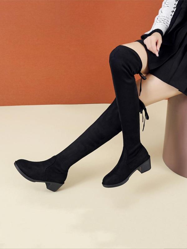 Women's Solid Lace Up Over The Knee Boots, Fashionable Simple Warm Boots for Fall & Winter, Women's Boots for Daily Wear