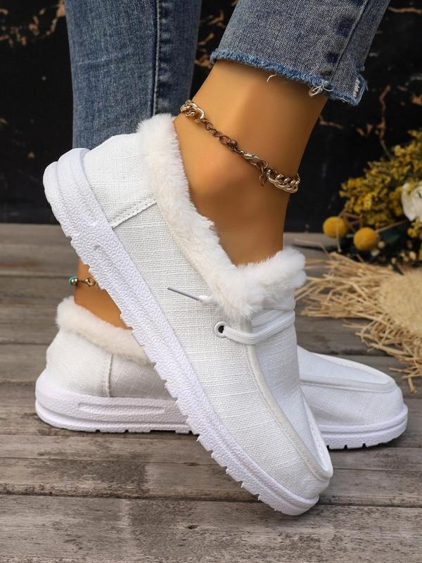 Women's Solid Color Lace Up Contrast Faux Fur Lined Sneakers, Casual Comfortable Warm Sports Shoes for Outdoor, Female All-match Round Toe Shoes for Fall & Winter