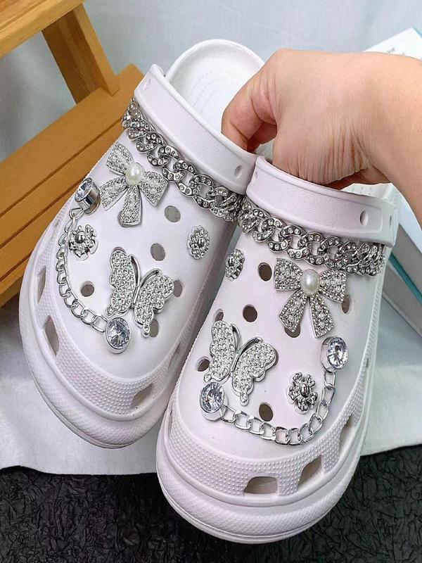 Rhinestone Decorated Butterfly & Flower & Chain Design Shoe Charms, Cute Shoe Decoration for Women's Crocs, Fashionable Shoes Decoration for Party, Daily Decor