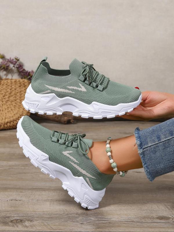 Women's Fashionable Striped Pattern Lace Up Mesh Sneakers, Casual Breathable Comfortable Sports Running Shoes, All-match Round Toe Chunky Sneakers for Daily Wear