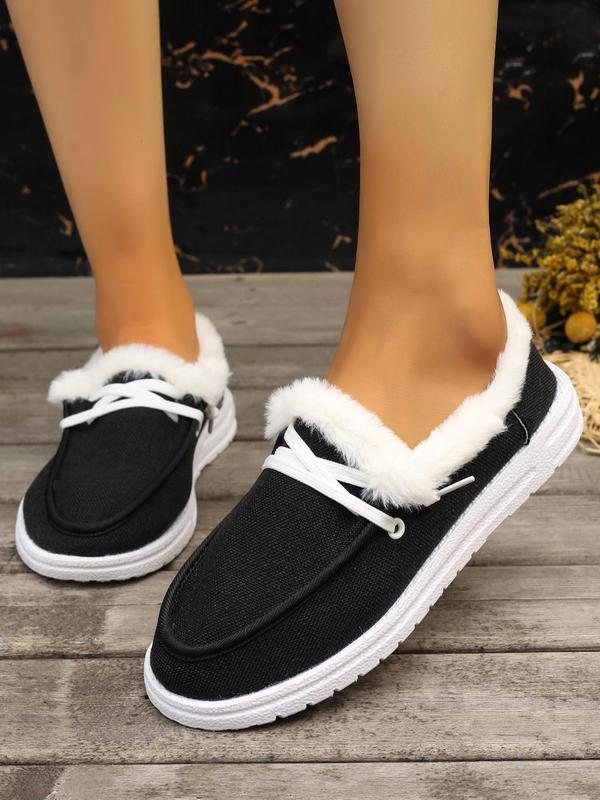 Women's Solid Color Lace Up Contrast Faux Fur Lined Sneakers, Casual Comfortable Warm Sports Shoes for Outdoor, Female All-match Round Toe Shoes for Fall & Winter