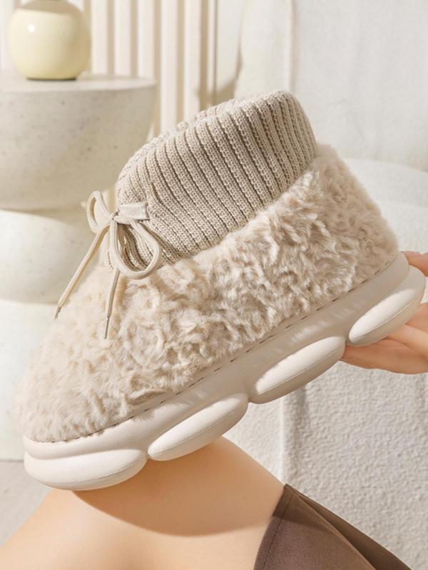 Women's Solid Color Lace Up Fluffy Plush Slippers, Casual Soft Comfortable Home Slippers, Warm Slippers for Indoor & Outdoor Use for All Seasons