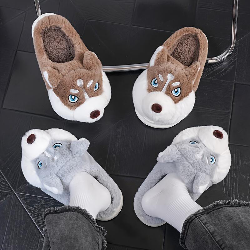 Men'S Cute Husky Style Slippers, Soft and Durable, Unisex Indoor Shoes, Waterproof Sole, Warm Winter Slippers, Casual Round Toe, One-Size-Fits-All, Cartoon Pattern, Fabric Lining and Sole