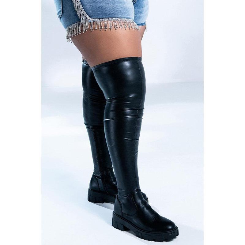 AZALEA WANG LATE NIGHTS OVER THE KNEE FLATFORM BOOT WITH 4 WAY STRETCH IN BLACK