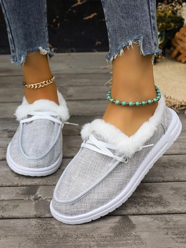 Women's Solid Color Lace Up Contrast Faux Fur Lined Sneakers, Casual Comfortable Warm Sports Shoes for Outdoor, Female All-match Round Toe Shoes for Fall & Winter