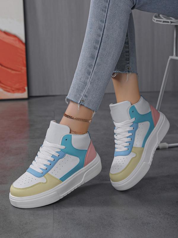 Women's Fashionable Colorblock Lace Up High Top Sneakers, Casual Comfortable Sports Shoes for Daily Wear, Female All-match Round Toe Shoes for Daily Wear