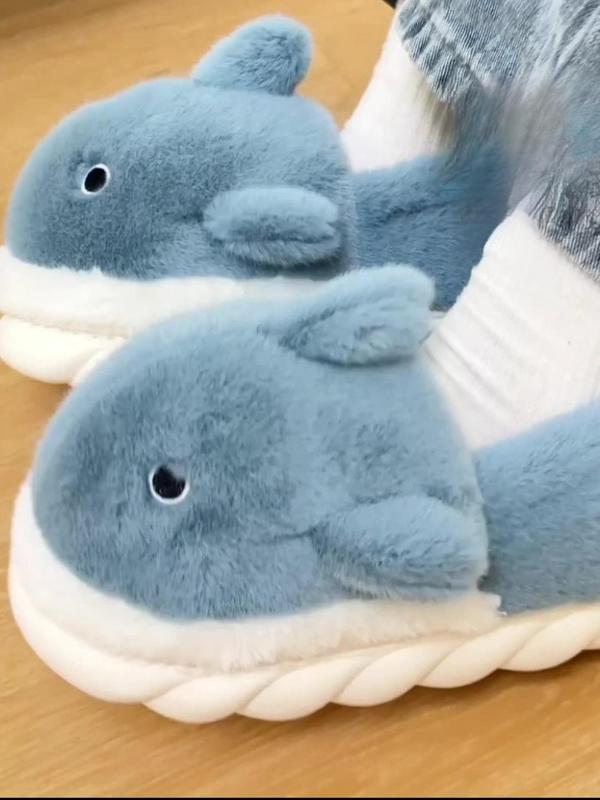 Women's Cute Cartoon Dolphin Design Plush Slippers, Casual Soft Comfortable Home Slippers, Thick Sole House Shoes, Warm Slippers for Indoor & Outdoor Use for Winter