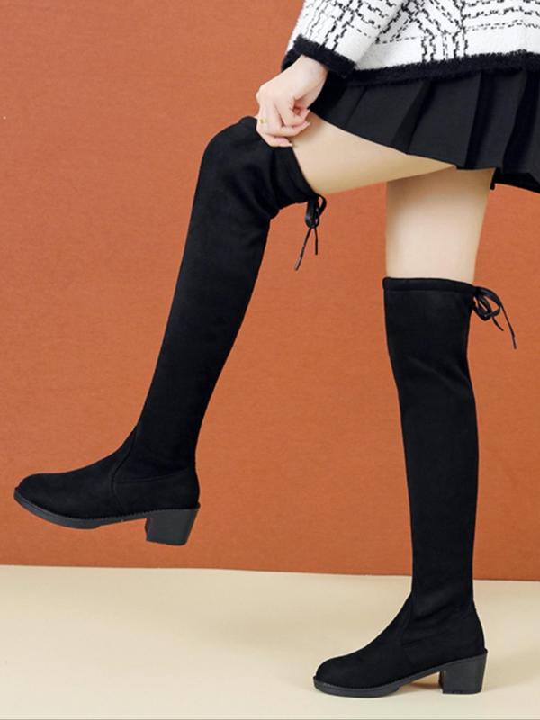 Women's Solid Lace Up Over The Knee Boots, Fashionable Simple Warm Boots for Fall & Winter, Women's Boots for Daily Wear